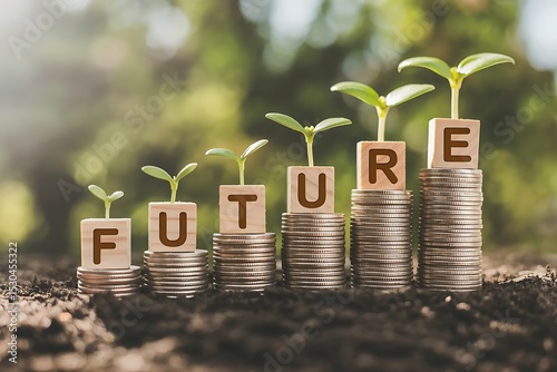 Growing financial future concept with plants and coins