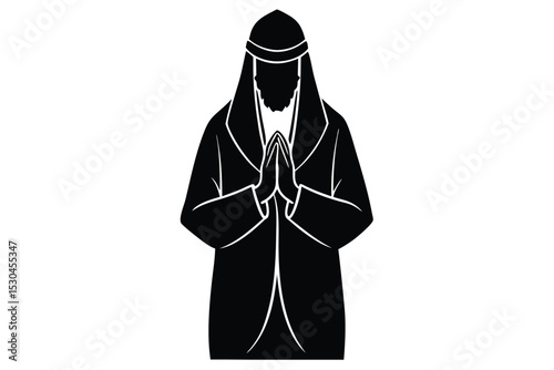 Groom in traditional thobe praying islamic wedding banner