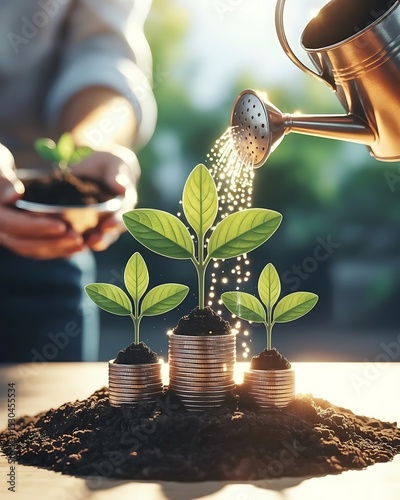 Growing business investment concept with plants and coins