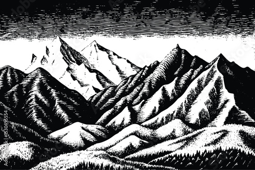 Majestic monochrome mountain range illustration depicting peaks and valleys under a textured sky suitable for various creative projects