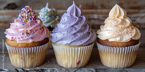 Colorful Swirled Cupcakes on Rustic Wooden Background

