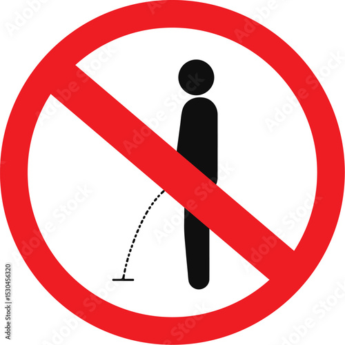 Prohibition sign of man urinating with red circle and slash over black figure