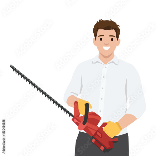 Man Trimming Hedges with Electric Hedge Trimmer. Flat vector illustration isolated on white background