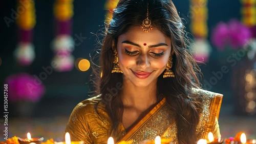 Woman in Traditional Dress Celebrating Diwali with Diyas
