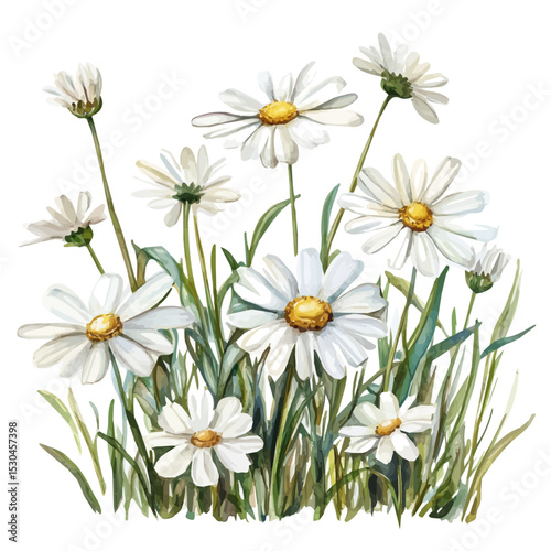 Clover Patch White Daisies, watercolor drawing vector, isolated on a white background.