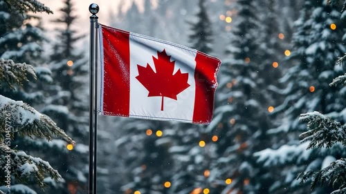 Canadian Flag in Snowy Winter Forest Scene
