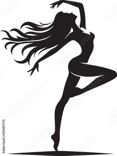A black and white silhouette of a graceful woman dancer, her hair flowing freely as she leaps elegantly