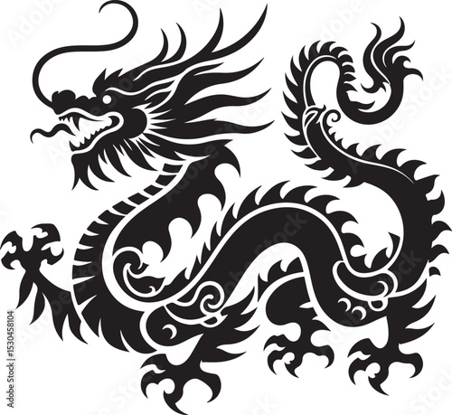 silhouette A fierce black and white stylized dragon design with intricate details