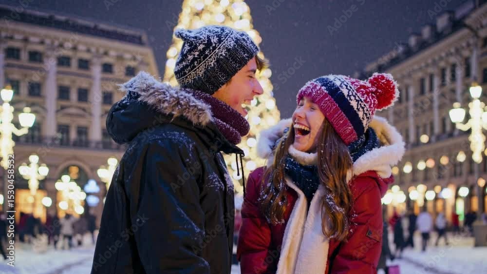 Young romantic couple is having fun outdoors in big winter city before Christmas. Enjoying spending time together in New Year Eve. Two lovers are hugging and kissing in Saint Valentine's Day. xmas