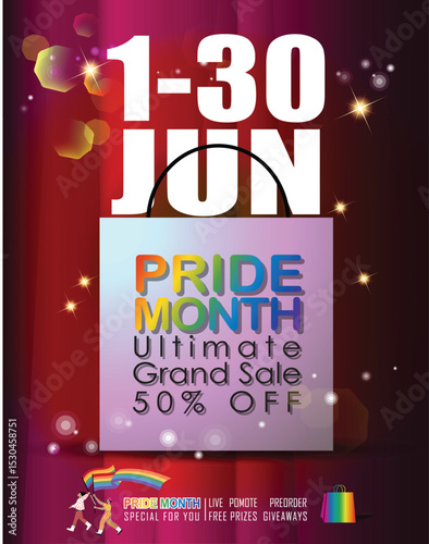 Pride Month sale! Celebrate love and diversity with our Ultimate Grand Sale banner Template and colorful LGBT rainbow design. The copy space banner background for vector and illustration.