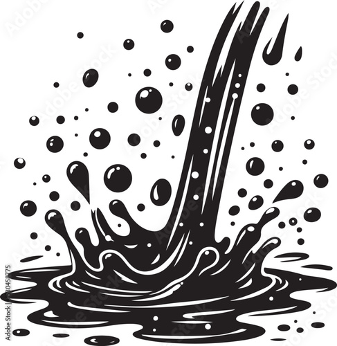 A dramatic black and white illustration of a liquid pouring and splashing, creating a dynamic visual effect with various-sized droplets.