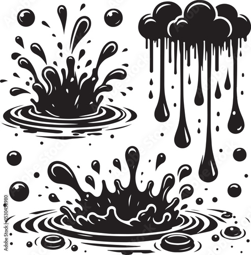 A silhouette collection of vector illustrations depicting various liquid splashes and drips, perfect for design projects.