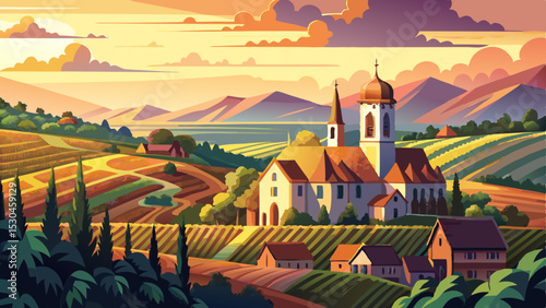 Summer sunset view of the medieval church of Saint-Jacques-le-Major in Hunawihr, small village between the vineyards of Ribeauville, Riquewihr and Colmar in Alsace, wine making region of France