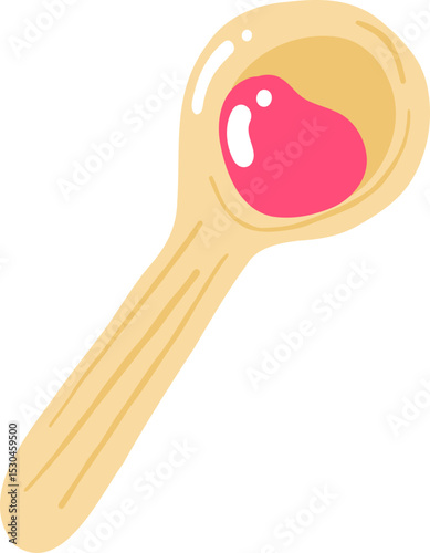 Wooden spoon with a drop of pink strawberry jam in cute kawaii style, cartoon illustration