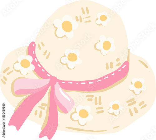 Cute beige sun hat with daisy flower pattern and a pink ribbon bow in hand-drawn cartoon style
