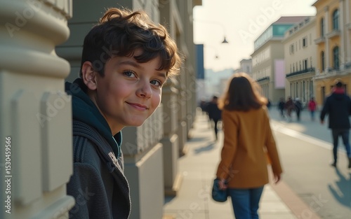 Inspired teenager looks out from behind wall, wanting to surprise friends as passed by. High quality