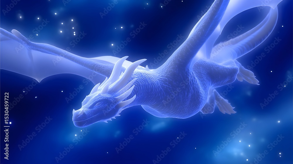 Obraz premium A majestic glowing dragon gracefully flying through a captivating digital galaxy filled with ethereal, starry nebulae
