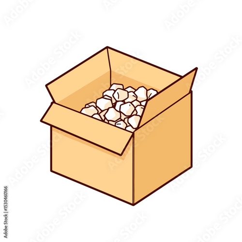 Open cardboard box filled with packing peanuts isolated on white background