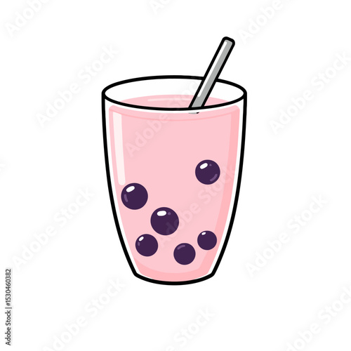 Pink boba tea drink in glass isolated on white background