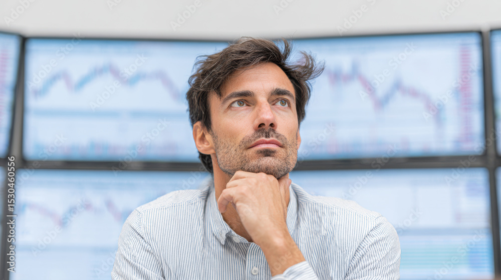 Obraz premium focused portrait of cryptocurrency trader deep in thought analyzing market trends on multiple screens