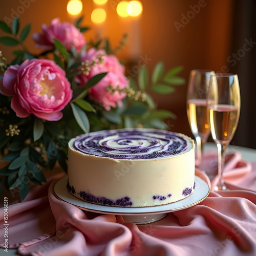 Elegant purple swirl cake with champagne and pink flowers in candlelit setting