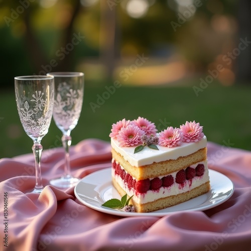 Elegant outdoor setting with raspberry layer cake and crystal glasses on pink draped tablecloth
