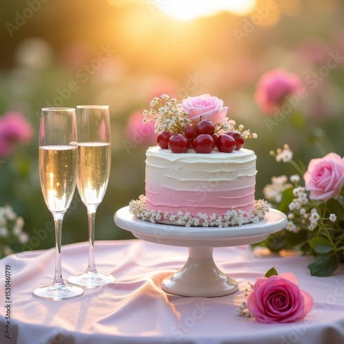 Romantic outdoor celebration setting with cherry-topped cake and champagne at sunset