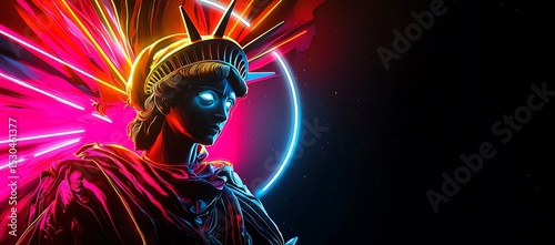 A statue illustration with neon lights and a striking vibrant backdrop