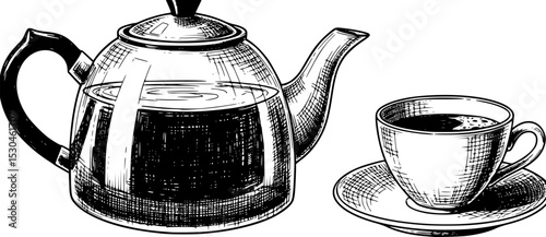 a black and white drawing of a teapot and a cup of coffee, teapot, drinking tea, tea cup