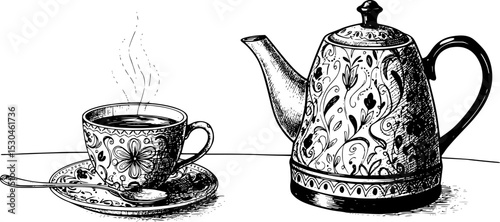a black and white drawing of a teapot and a cup of coffee, teapot, drinking tea, tea cup