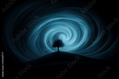 An Isolated Tree Silhouetted Against a Swirling Abstract Sky