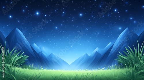 A beautiful starry night sky over grassy mountains and hills
