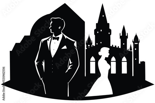 Groom silhouette against old city skyline background