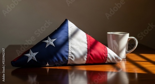 Folded American flag with coffee mug honoring veteran's service and sacrifice concept photo