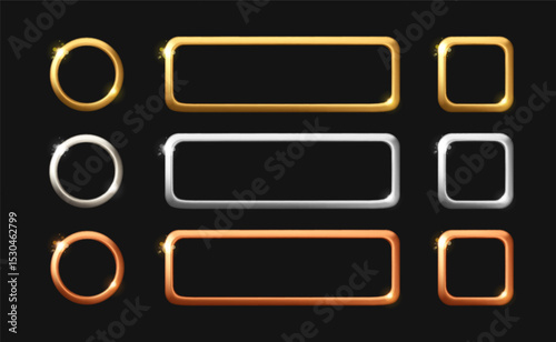 Gold, silver and metal award badges set. Vector 3d realistic metal round, square and rectangle icons. Shining badge collection on black background