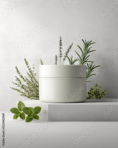 A white cosmetic jar displayed on a round stand with delicate white flowers around it.