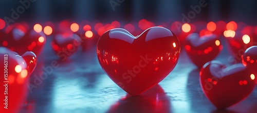 Red glossy hearts are arranged with soft blurred background lighting