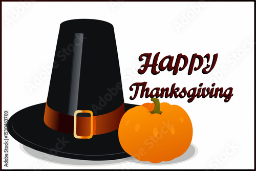 Illustration of a Vintage Pilgrim Hat and a Ripe Pumpkin Perfect for Thanksgiving or Autumn Designs