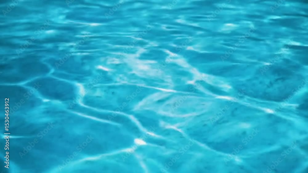  Slow-motion close-up of pure blue water in a swimming pool. The water is crystal clear, gently rippling with sunlight reflections dancing across the surface. Light refractions create mesmerizing
