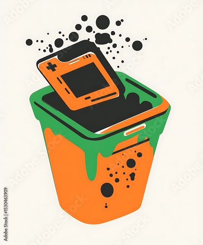 A retro handheld game console discarded inside a colorful waste bin