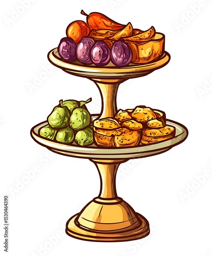 A decorative serving stand displaying various fruits and pastries elegantly