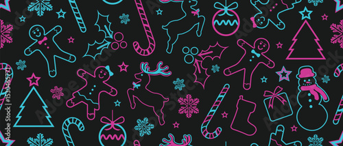 Christmas Outline Seamless Pattern. Neon Christmas and New year Holiday Repeatable  Decorative Elements Texture for Wallpaper, Gift Wrapping paper, Card or Banner Template or Fabric Textile Prints.