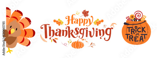 Happy thanksgiving turkey pumpkin trick or treat design isolated on transparent background