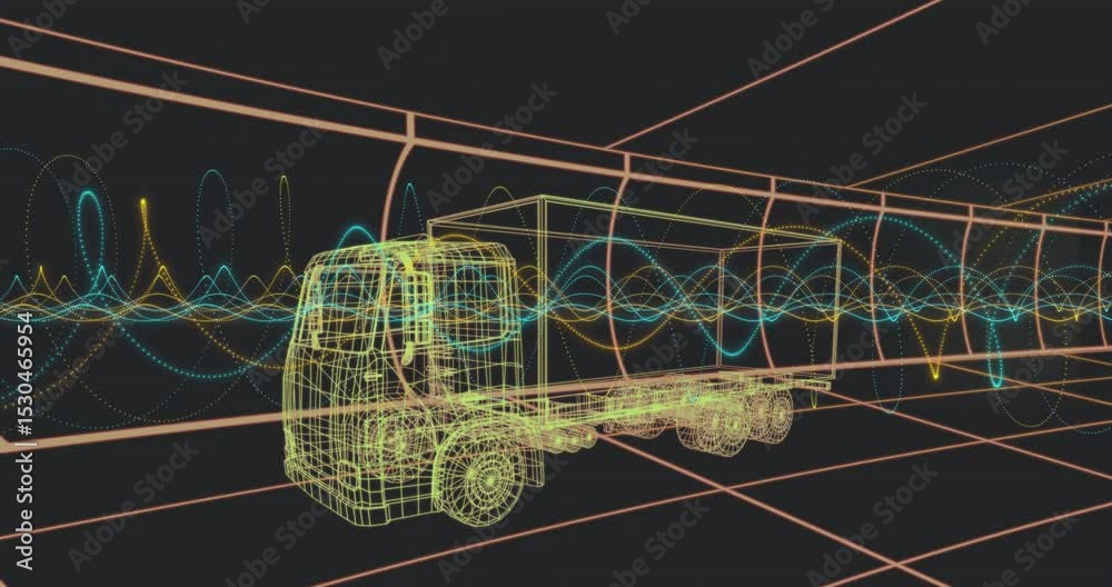 On start, neon wireframe truck entering digital tunnel while waveforms pulsing to show data flow