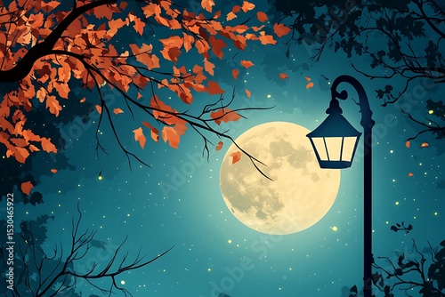 A beautiful moonlit evening scene with lamp and trees
