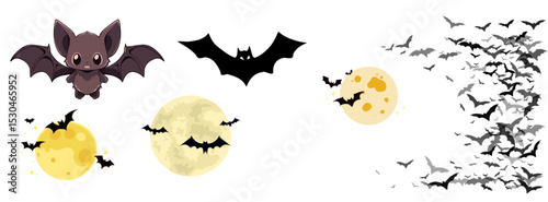 Cute cartoon bats and moons halloween design elements isolated on transparent background