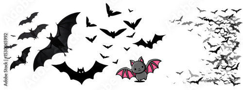 Cute cartoon bats flying flock halloween illustration isolated on transparent background