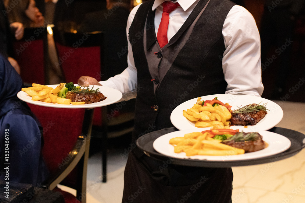 Fototapeta premium Waiter serving plates of food in restaurant