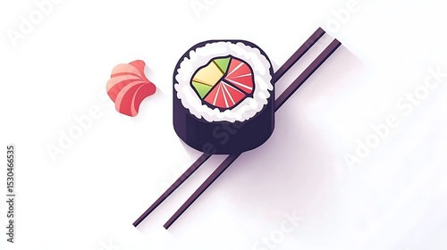 A delicious single piece of sushi with chopsticks on white background