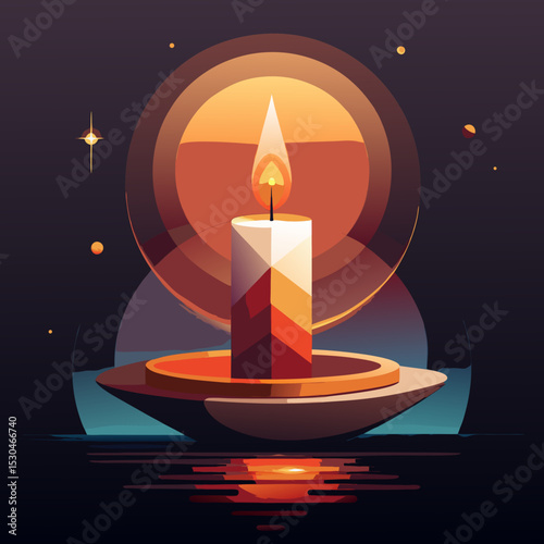 A serene night scene with a lit candle floating on water and an orange sunset sky.